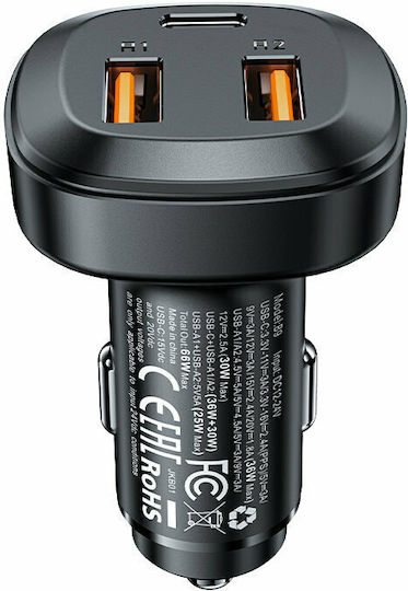 Acefast B9 Автомобилен Зарядно Устройство 66W 4A Бързо Зареждане с Портове 2xUSB 1xType-C Черен Цвят