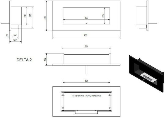 Kratki Delta 2 Qube Tuv Επιτοίχιο Τζάκι Βιοαιθανόλης Εσωτερικού Χώρου Μαύρο 90x14.7x40cm