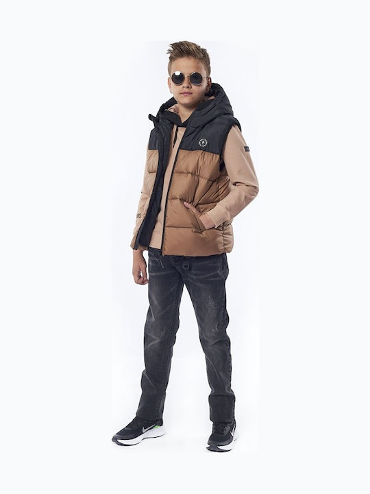 Kids' Quilted Jacket Sleeveless Short with Hood Brown