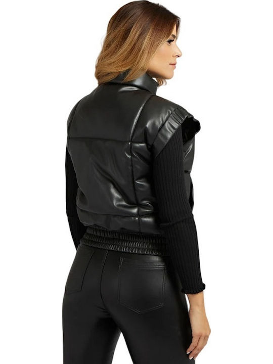 Women's Short Puffer Artificial Leather Jacket for Winter Black