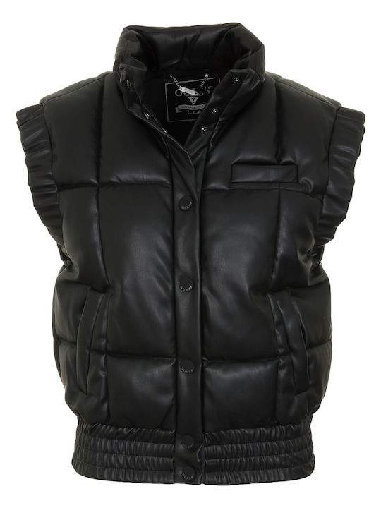 Women's Short Puffer Artificial Leather Jacket for Winter Black
