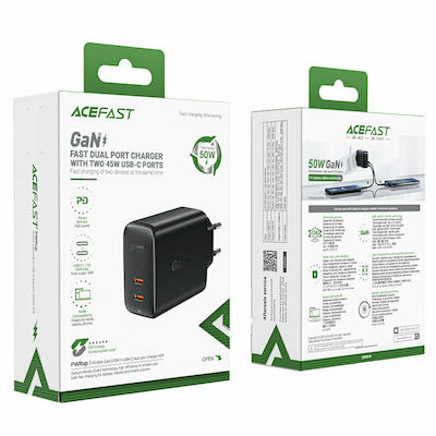 Acefast Зарядно без кабел GaN (Галуниев нитрид) с 2 USB-C порта 50W Доставка на енергия / Бързо зареждане 4.0 Черно (A29)