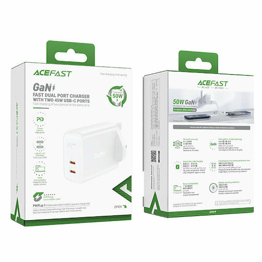 Acefast GaN Wireless Charger with 2 USB-C Output Ports 50W Power Delivery / Quick Charge 4+ White