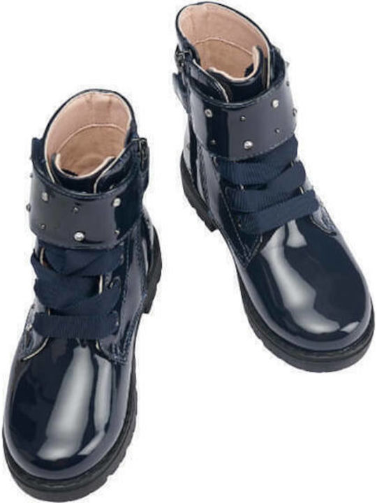 Biker Kids Boots from Patent Leather with Zipper Navy Blue
