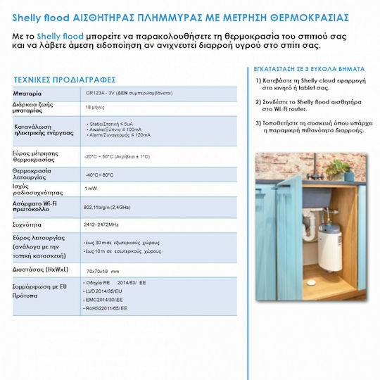 Shelly Flood Безжичен Детектор За Наводнения С Батерия Wi-Fi С Кабел
