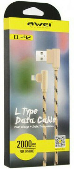 Awei CL-92 Angle (90°) / Braided USB to Lightning Cable Ροζ Χρυσό 1.2m