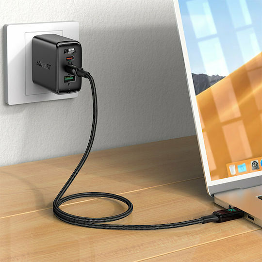 Acefast C6-01 LED / Плетена USB-C към Lightning кабел 30W Черен 1.2м