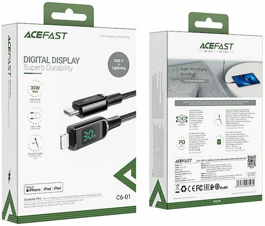 Acefast C6-01 LED / Плетена USB-C към Lightning кабел 30W Черен 1.2м