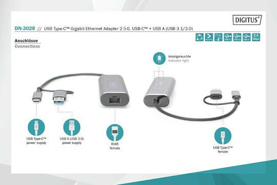 Digitus DN-3028 USB-C Адаптер за Мрежа с Проводниково Свързване Gigabit Ethernet