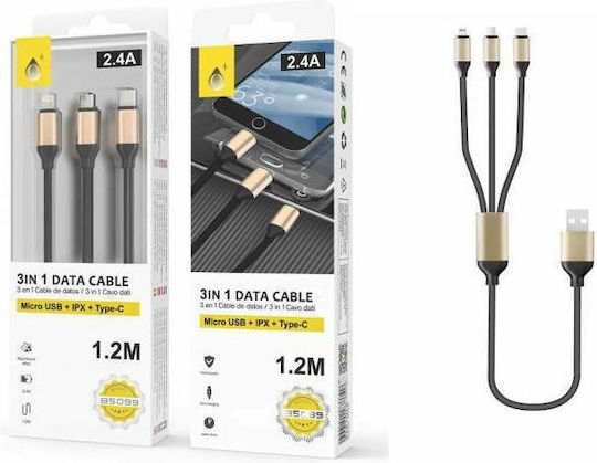 Moveteck Regular USB to Lightning / Type-C / micro USB Cable Μαύρο 1.2m (B5099)