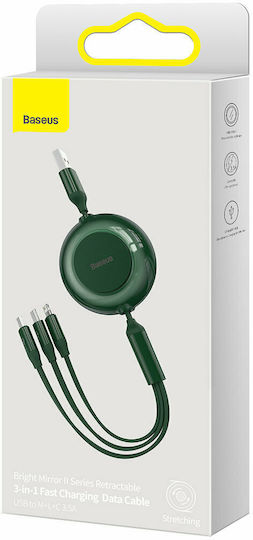 Baseus Bright Mirror 2 Flat / Retractable USB to Lightning / Type-C / micro USB Cable 3.5A Πράσινο 1.1m (CAMJ010006)