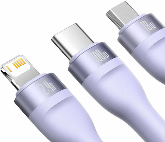 Baseus Flash Series Braided USB to micro USB / Type-C / Lightning Cable Μωβ 1.2m (CASS030005)