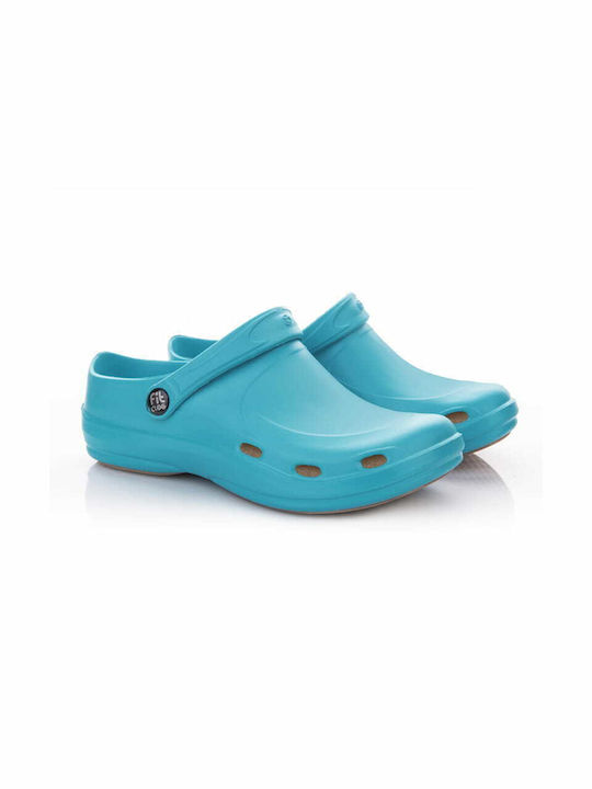 Încălțăminte turcoaz cu talpă antiderapantă și talpă anatomică detașabilă FitClog Basic 001 Turquoise OB SRC E.