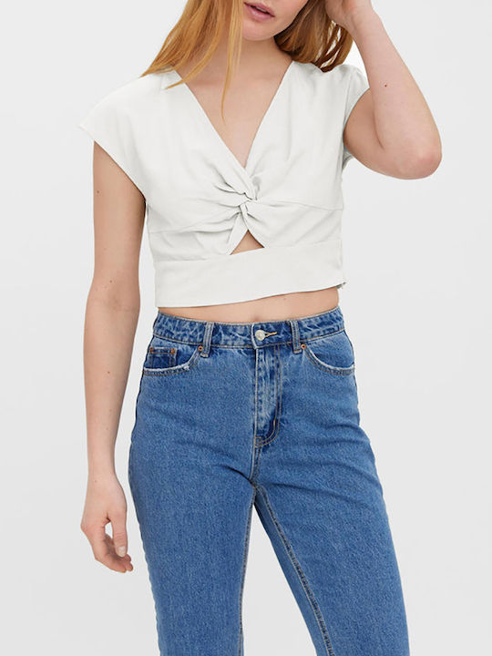 Snow Women's Summer Crop Top Linen Short Sleeve with V Neckline Navy Blue