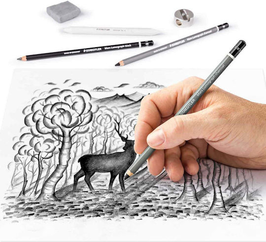 Staedtler Mars Lumograph 100C Coal Pencil Soft Set with Eraser Black 9pcs