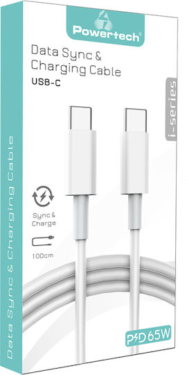 Powertech USB 2.0 Cable USB-C Male - USB-C 65W PD White 1m