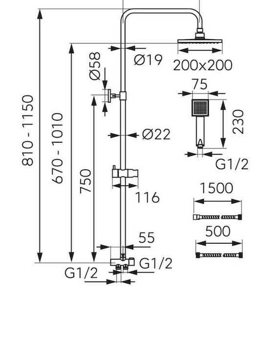 Ferro Wizard Adjustable Shower Column with Bathtub Mixer 115cm Silver