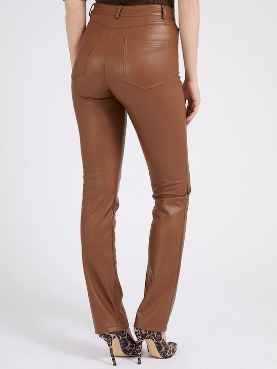 Women's High-waisted Leather Trousers Skinny Fit Brown