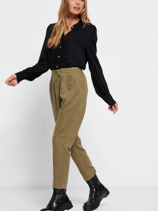 Women's Fabric Trousers with Elastic Regular Fit Deep Forest