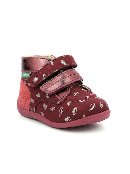 Kickers Bonkro 2 Ghete copii din piele cu Velcro Burgundy