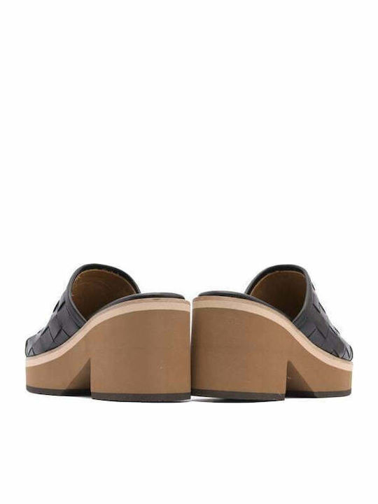 Leather Mules with Chunky High Heel in Black Color