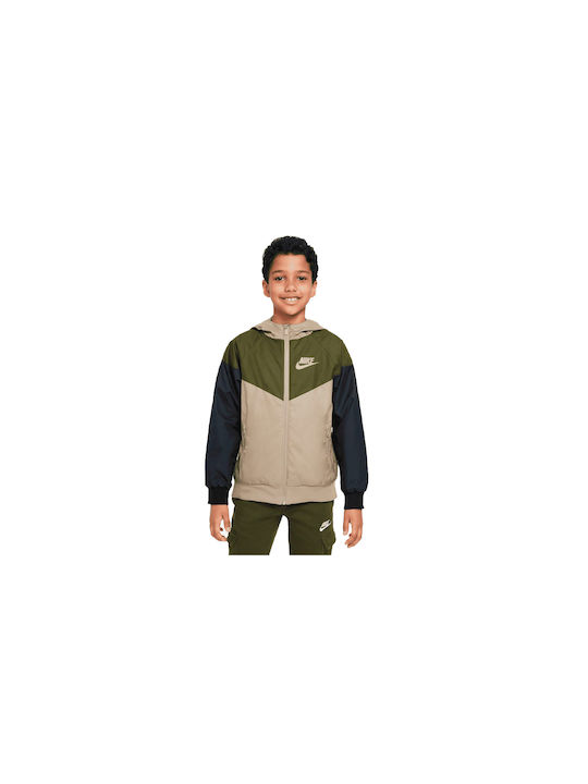 Nike Kids Sports Jacket short Windproof Double Sided Hooded Khaki Sportswear Windrunner