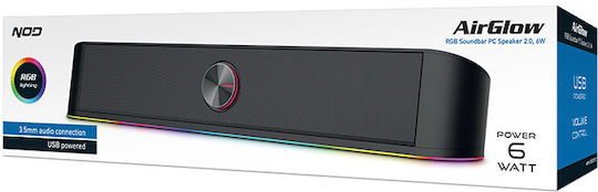 NOD Airglow Soundbar Ηχεία Υπολογιστή 2.0 με RGB Φωτισμό και Ισχύ 6W σε Μαύρο Χρώμα