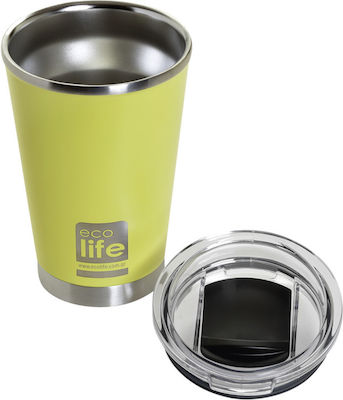 Ecolife Coffee Cup Glass Thermos Stainless Steel BPA Free Yellow 370ml with Mouthpiece