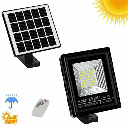GDPLUS Στεγανός Ηλιακός Προβολέας LED 25W Ψυχρό Λευκό 6000K με Τηλεχειριστήριο IP67
