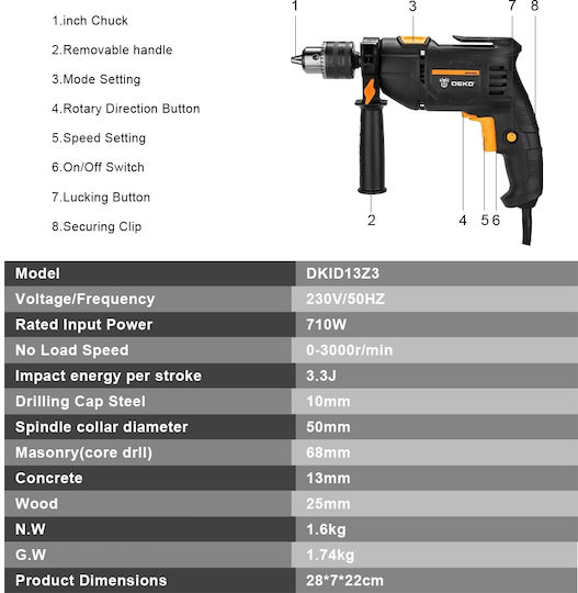 Deko DKID13Z3-S1 Impact Drill 710W
