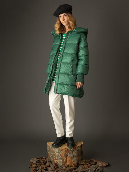 Biston Women's Long Puffer Jacket for Winter with Hood Green
