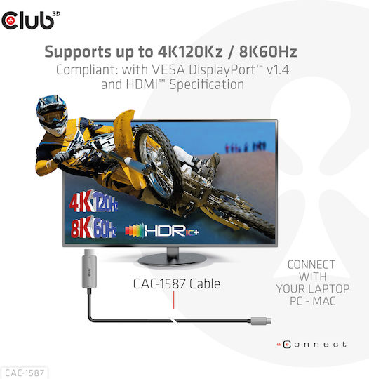 Club3D HDMI 2.1 Ultra High Speed 48Gbps 4K 120Hz HDR VRR Cable HDMI Male - USB-C Male 3m Black