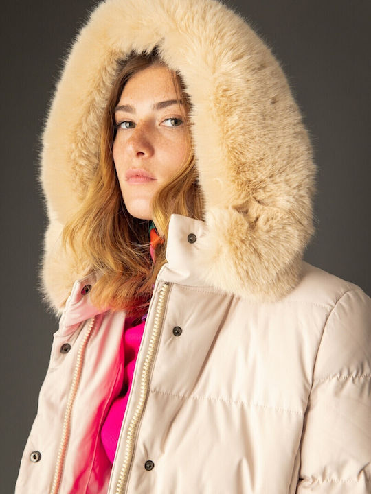 Women's Long Puffer Jacket for Winter with Detachable Hood Beige