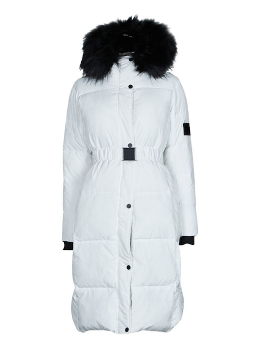 Noruega Lang Damen Puffer Jacke mit pelziger Kapuze für Winter Weiß