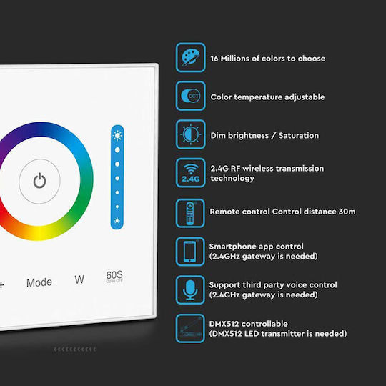 V-TAC Wall Mounted Dimmer Switch with Frame LED Strip Touch in White Color