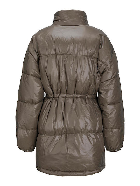 Women's Short Puffer Jacket for Winter Khaki