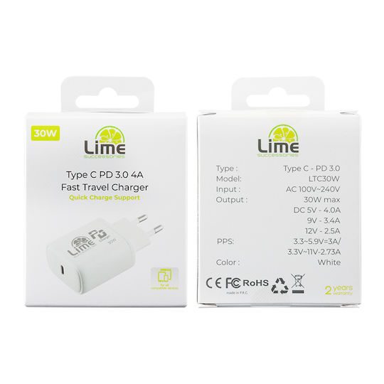 Lime Φορτιστής Χωρίς Καλώδιο με Θύρα USB-C 30W Power Delivery / Quick Charge 3.0 Λευκός (LTC30W)