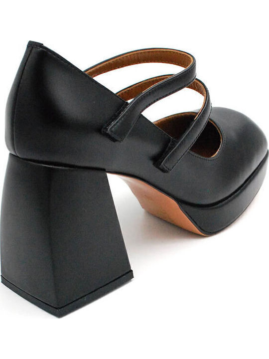 Leather Black High Heels with Strap Carolina