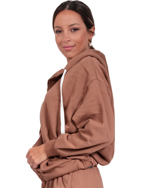 Long Women's Sweatshirt Jacket Hooded Brown