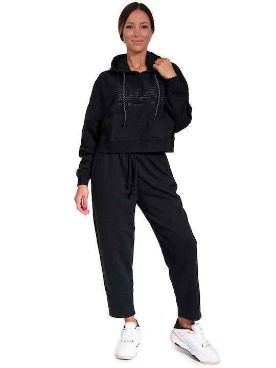 Gekürzt Damen Sweatshirt Kapuzen Schwarz