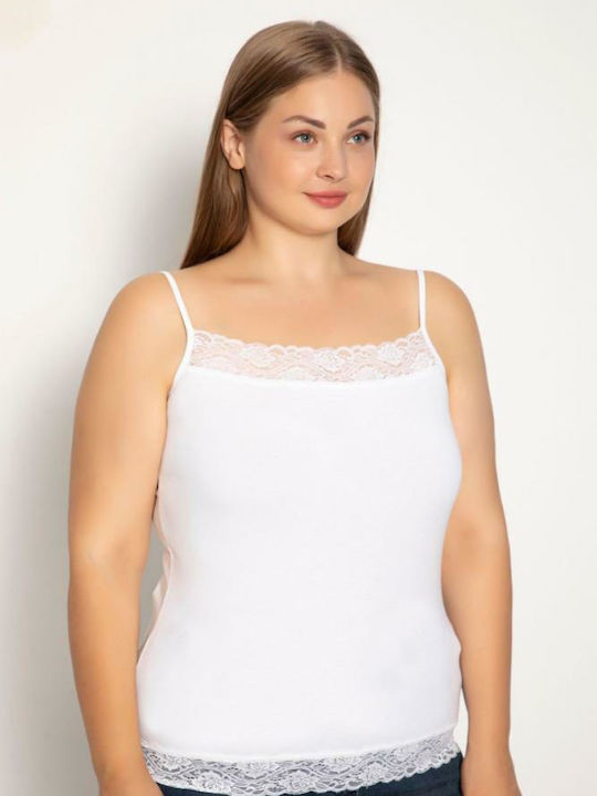Plus Size Βαμβακερό Λευκό Γυναικείο Φανελάκι με Τιράντα