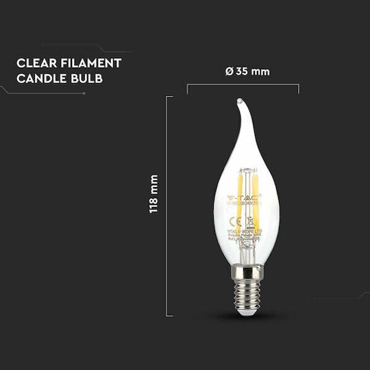 V-TAC Λάμπα LED 4W 118mm για Ντουί E14 και Σχήμα C35 Θερμό Λευκό 400lm