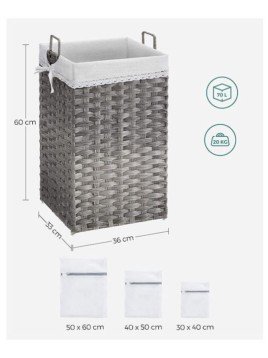 Songmics Καλάθι Απλύτων Ψάθινο Πτυσσόμενο 70lt 36x33x60cm Γκρι