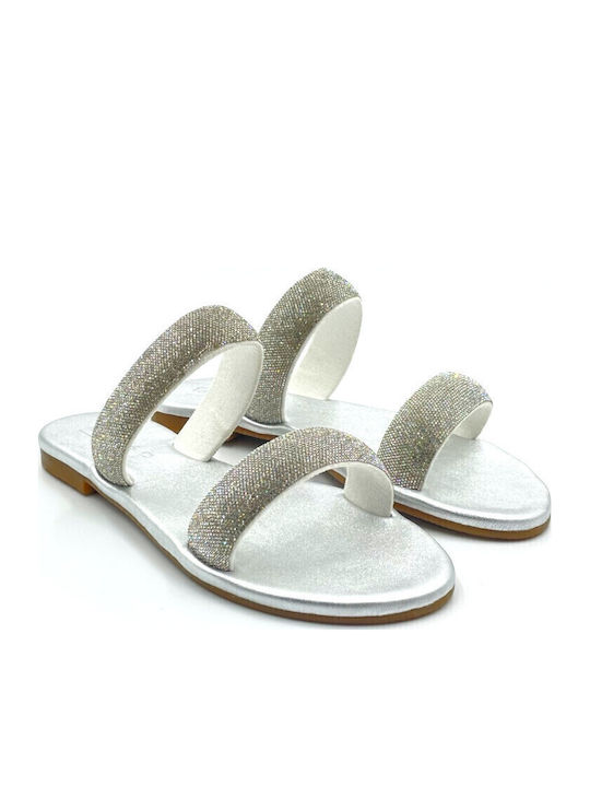 Leather Women's Flat Sandals in Silver Color