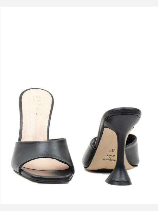 Leather Mules with Thin High Heel in Black Color