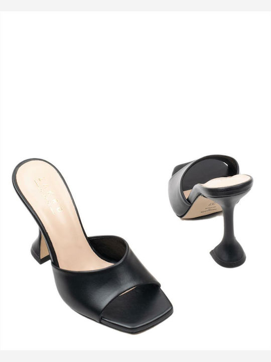 Leather Mules with Thin High Heel in Black Color