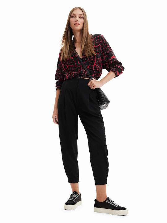 Ra Women's High-waisted Fabric Capri Trousers Carrot Fit Black