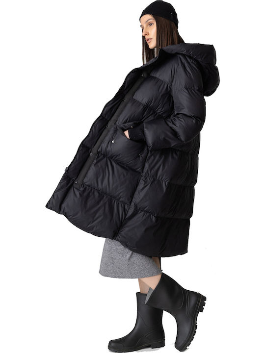 Women's Long Puffer Jacket for Winter with Hood Black