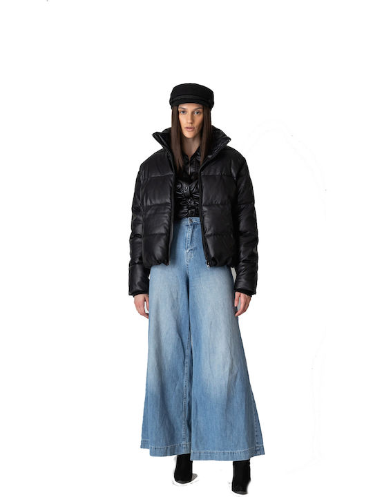 Kurz Damen Puffer Jacke für Winter Schwarz