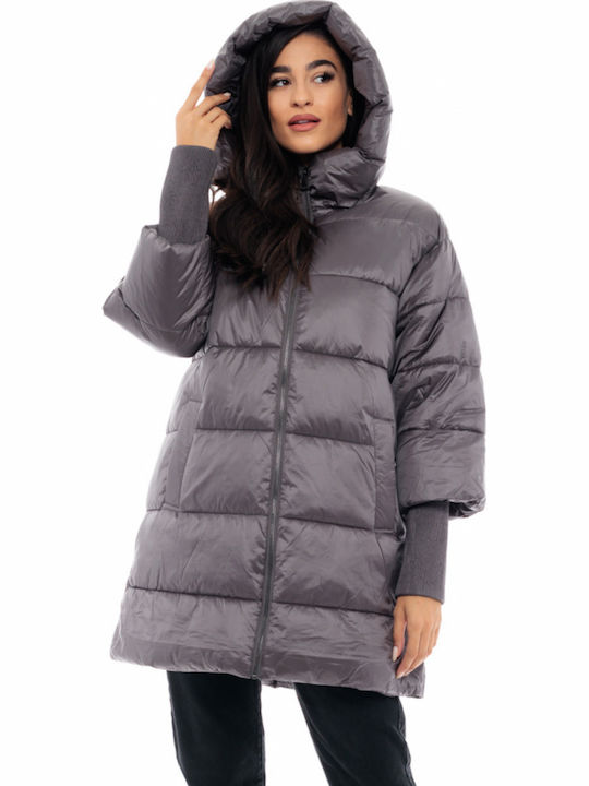 Women's Long Puffer Jacket for Winter with Hood Gray